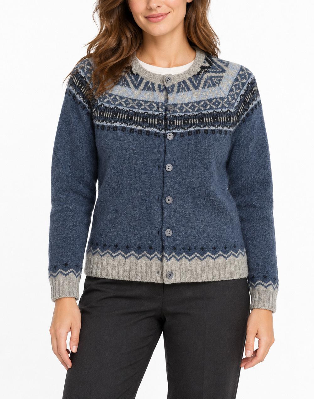 NY & CO Fair Isle Nordic Button Front Cardigan Sweater Blue Gray Womens XL